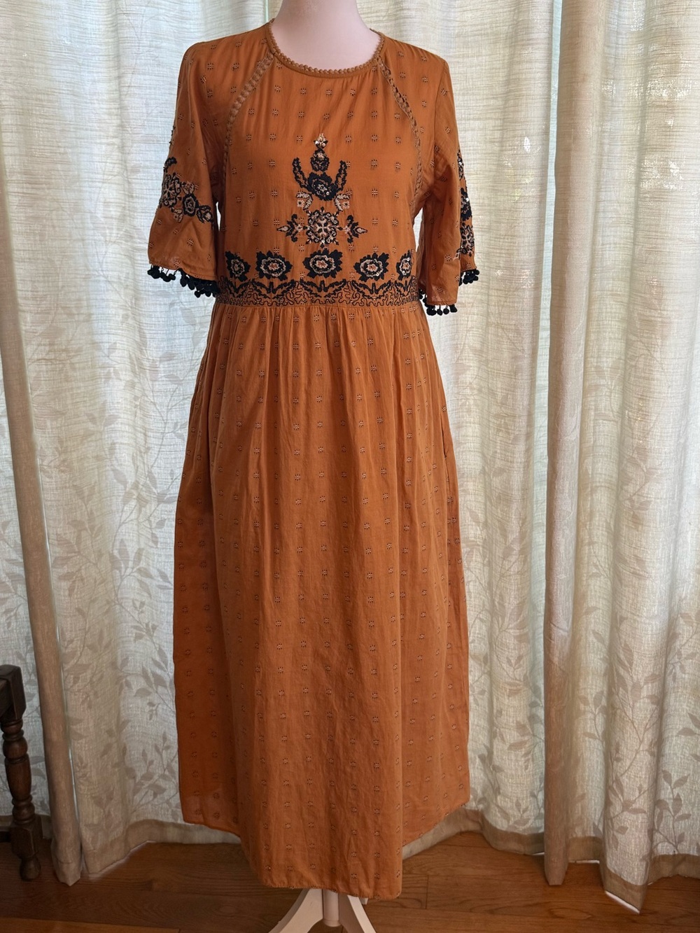 Zara TRF Embroidered Mustard Midi Dress